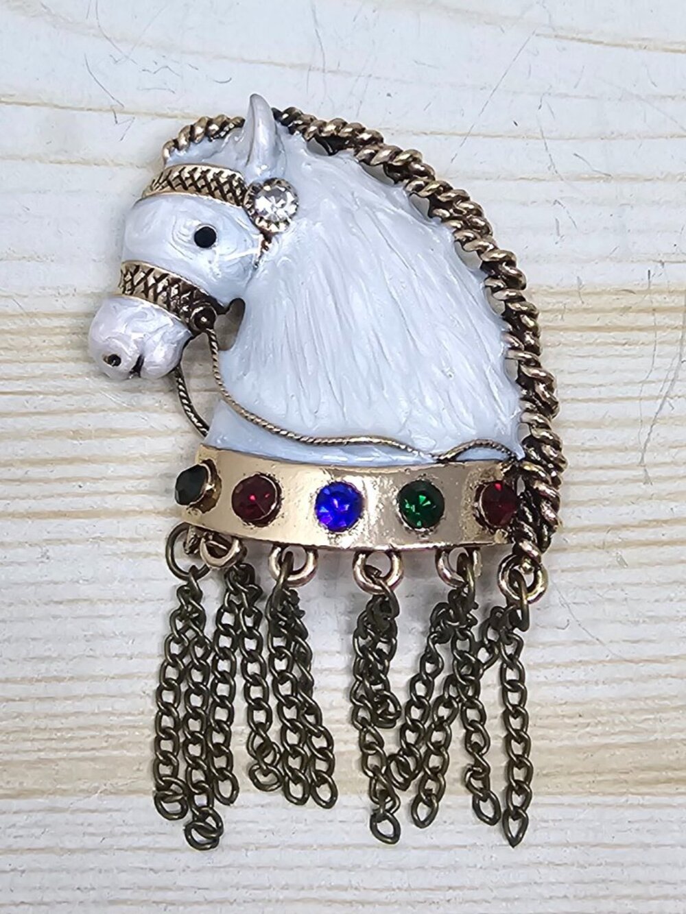 Vintage Horse Brooch Tassel Fringed Pendant White